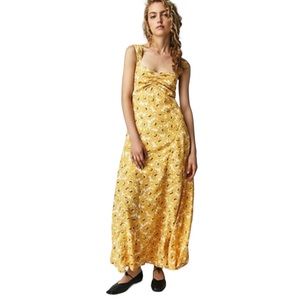 Free People Rosalie Yellow Floral Sleeveless Midi Dress Size Medium NWOT